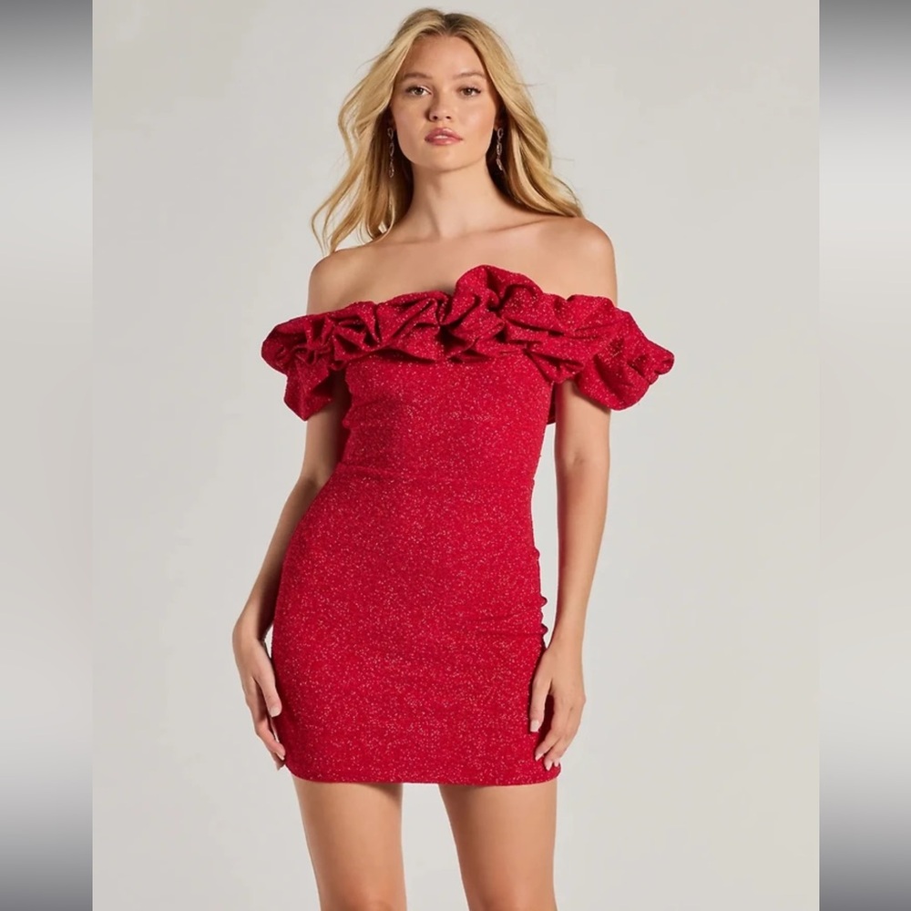 Ember Off-The-Shoulder Ruffle Glitter Party Dress